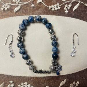 Beaded Bracelet and Earring Set Blue Gray Silver Believe Charm NWOT